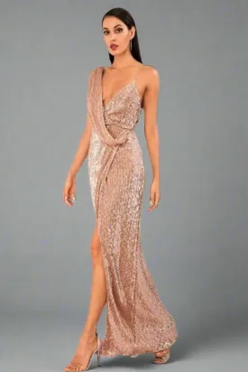 Backless High Slit Rose Gold Sequin Maxi Dress
