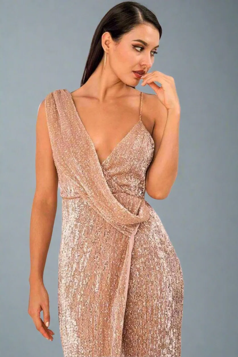 Backless High Slit Rose Gold Sequin Maxi Dress
