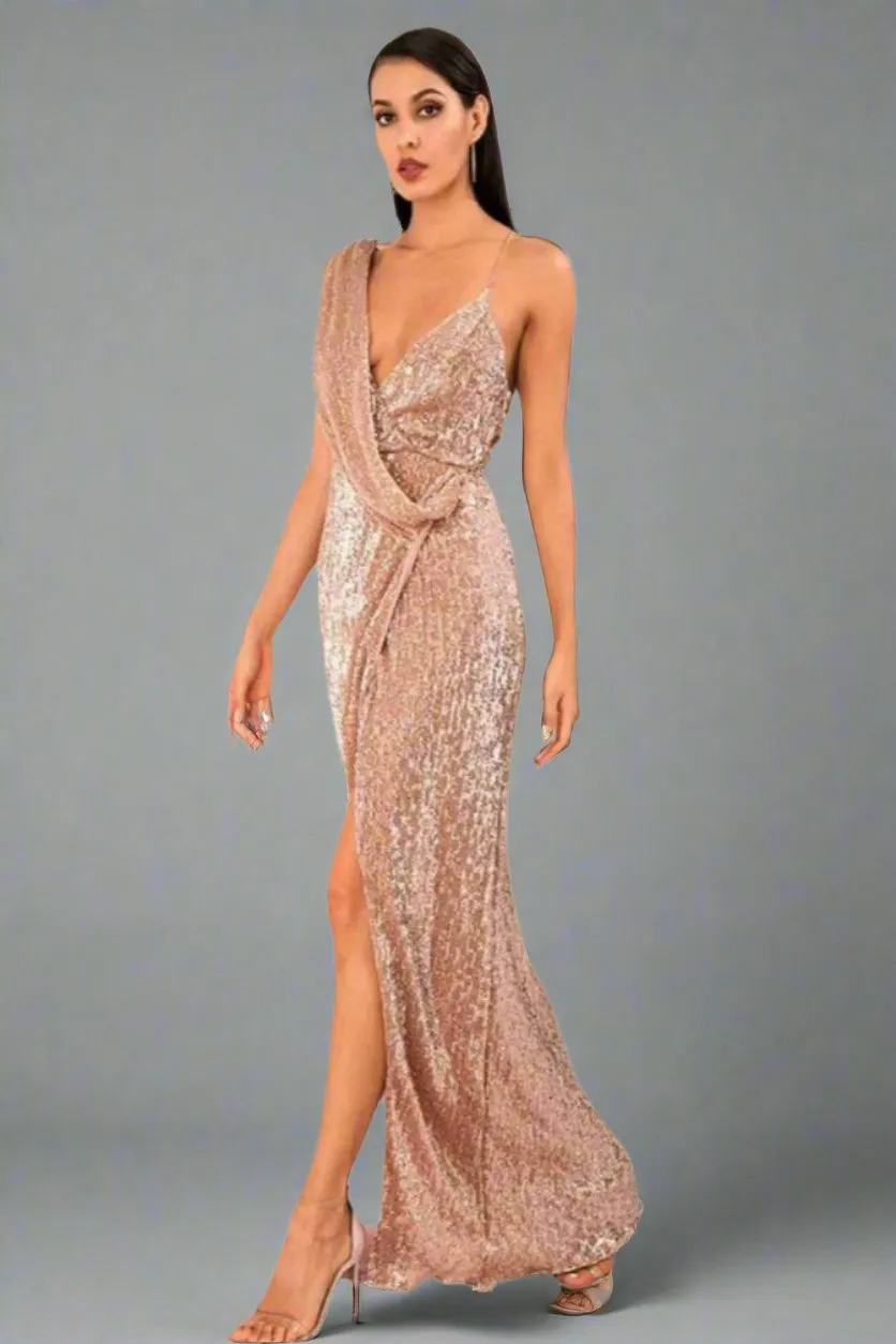 Backless High Slit Rose Gold Sequin Maxi Dress