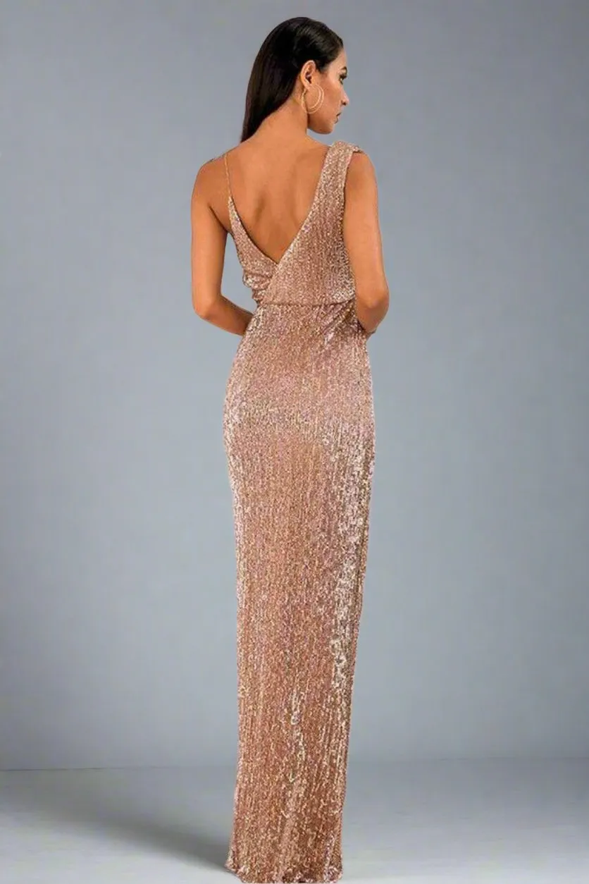 Backless High Slit Rose Gold Sequin Maxi Dress