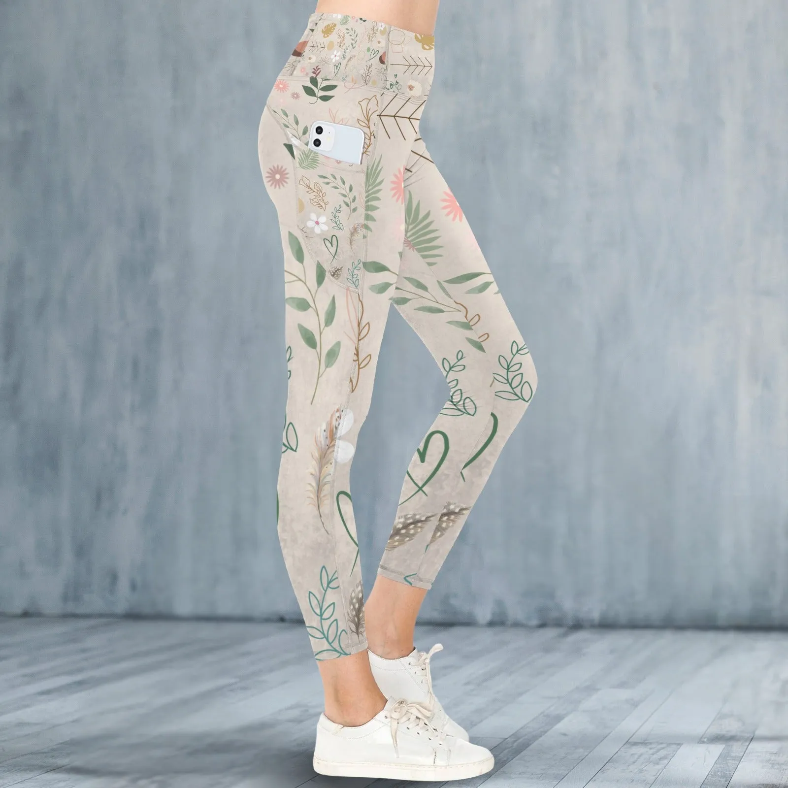 Boho Beige Leggings with Pockets up to 5 XL (FWS)