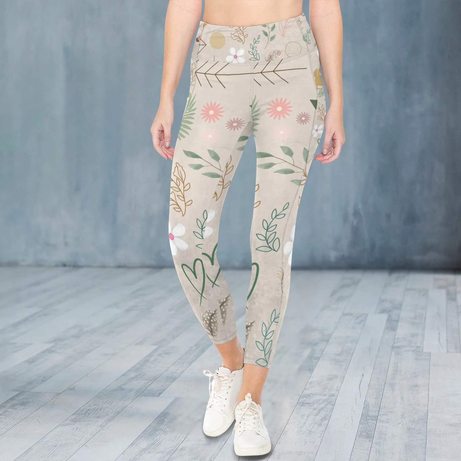 Boho Beige Leggings with Pockets up to 5 XL (FWS)