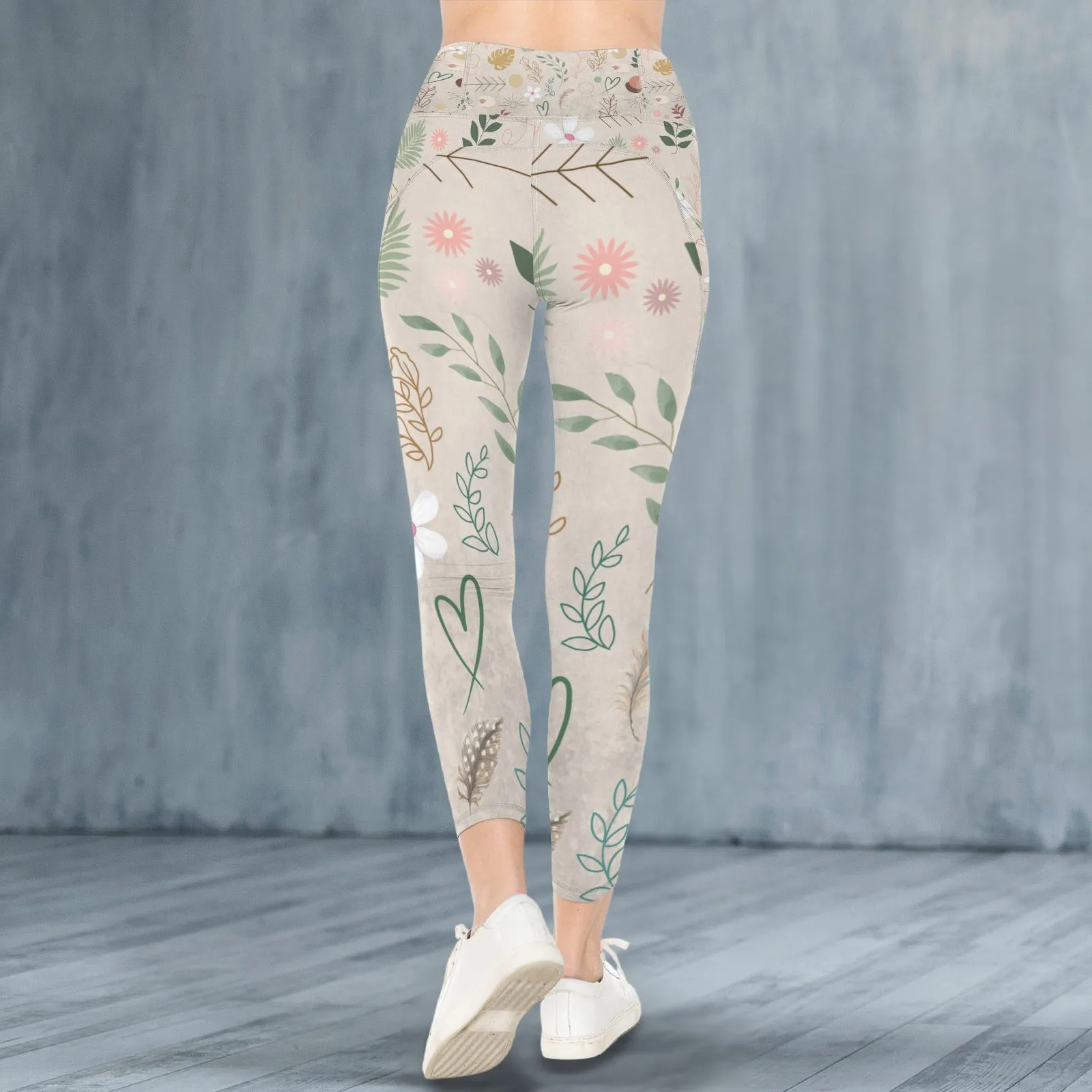 Boho Beige Leggings with Pockets up to 5 XL (FWS)