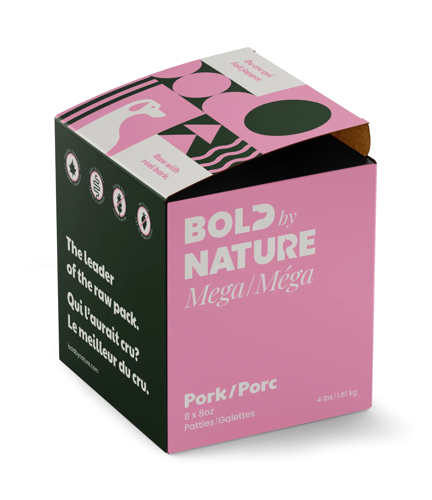 BOLD by NATURE Mega Pork Frozen Dog Food 4 lb Box (8 x 8 oz Patties)