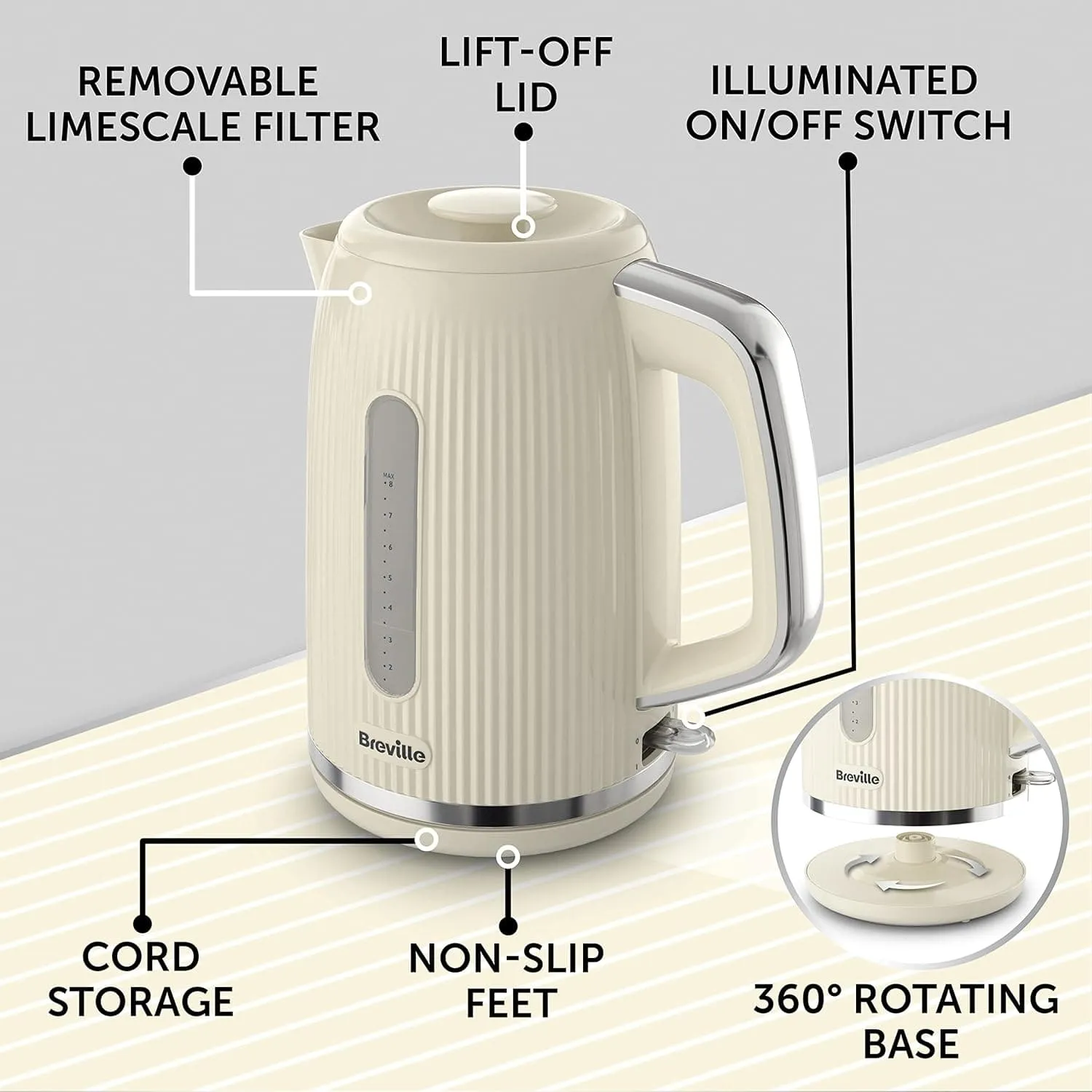 Breville Bold Vanilla Cream Electric Kettle | 1.7L | 3kW Fast Boil | Cream & Silver Chrome
