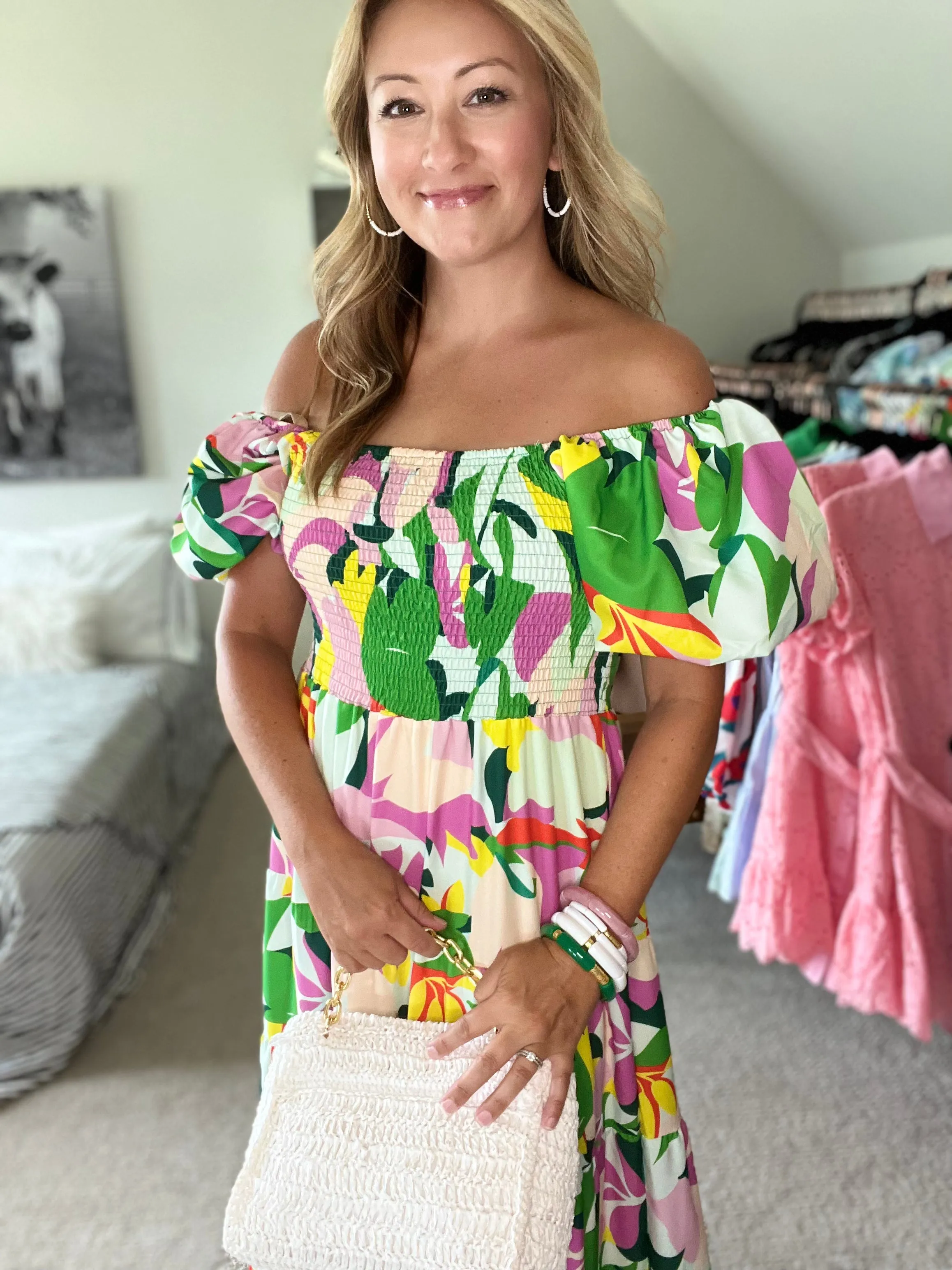 Bubble-Sleeve Tiered Maxi Dress