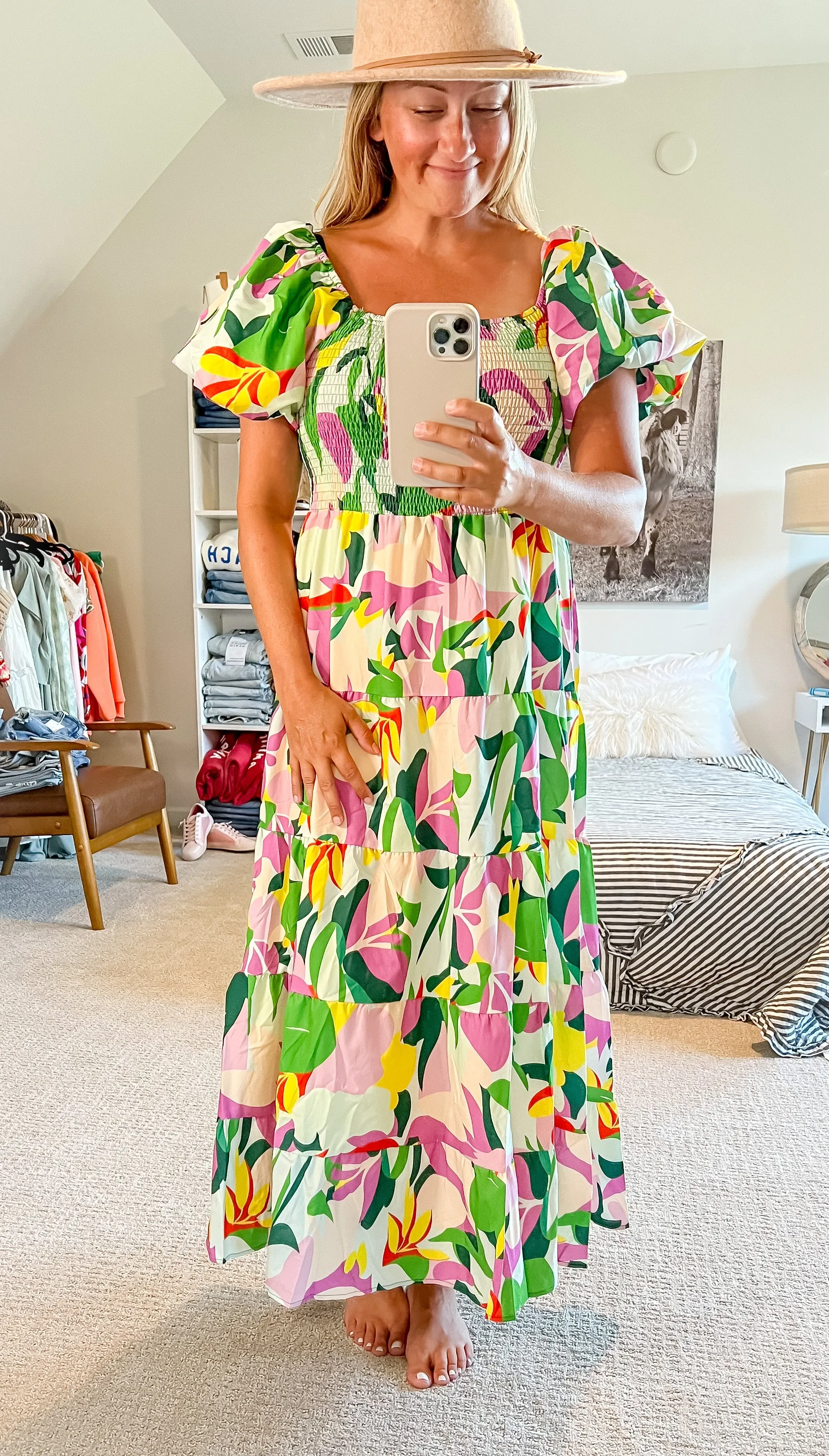 Bubble-Sleeve Tiered Maxi Dress