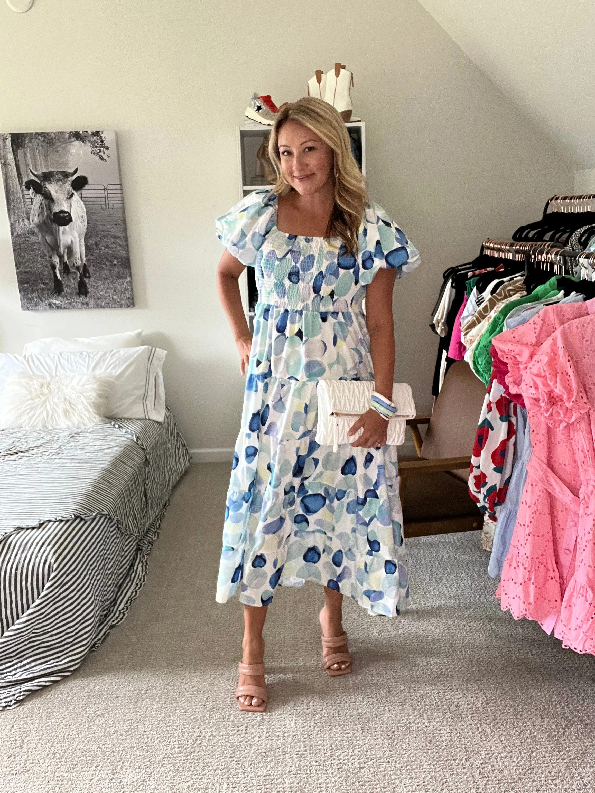 Bubble-Sleeve Tiered Maxi Dress