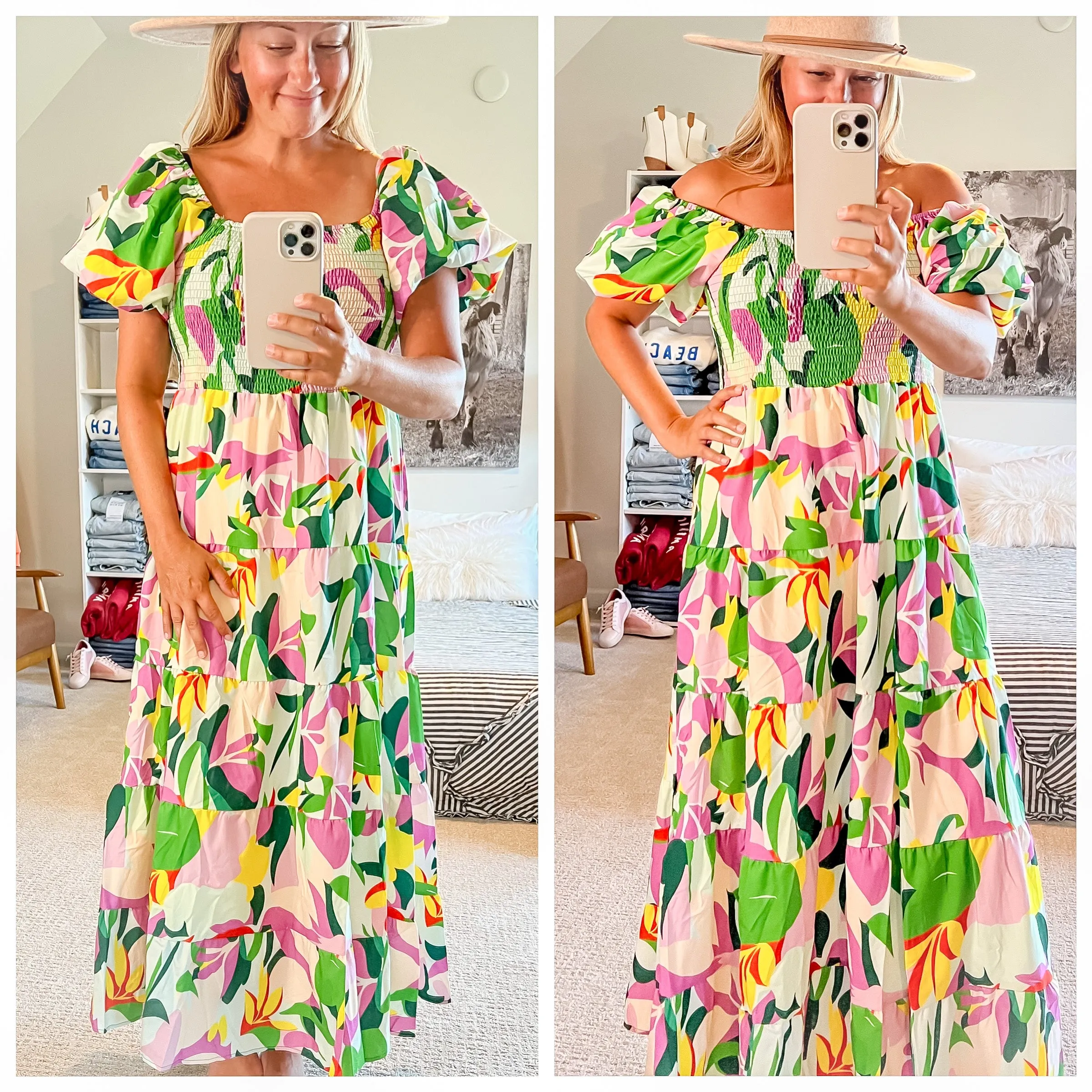 Bubble-Sleeve Tiered Maxi Dress