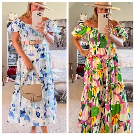 Bubble-Sleeve Tiered Maxi Dress