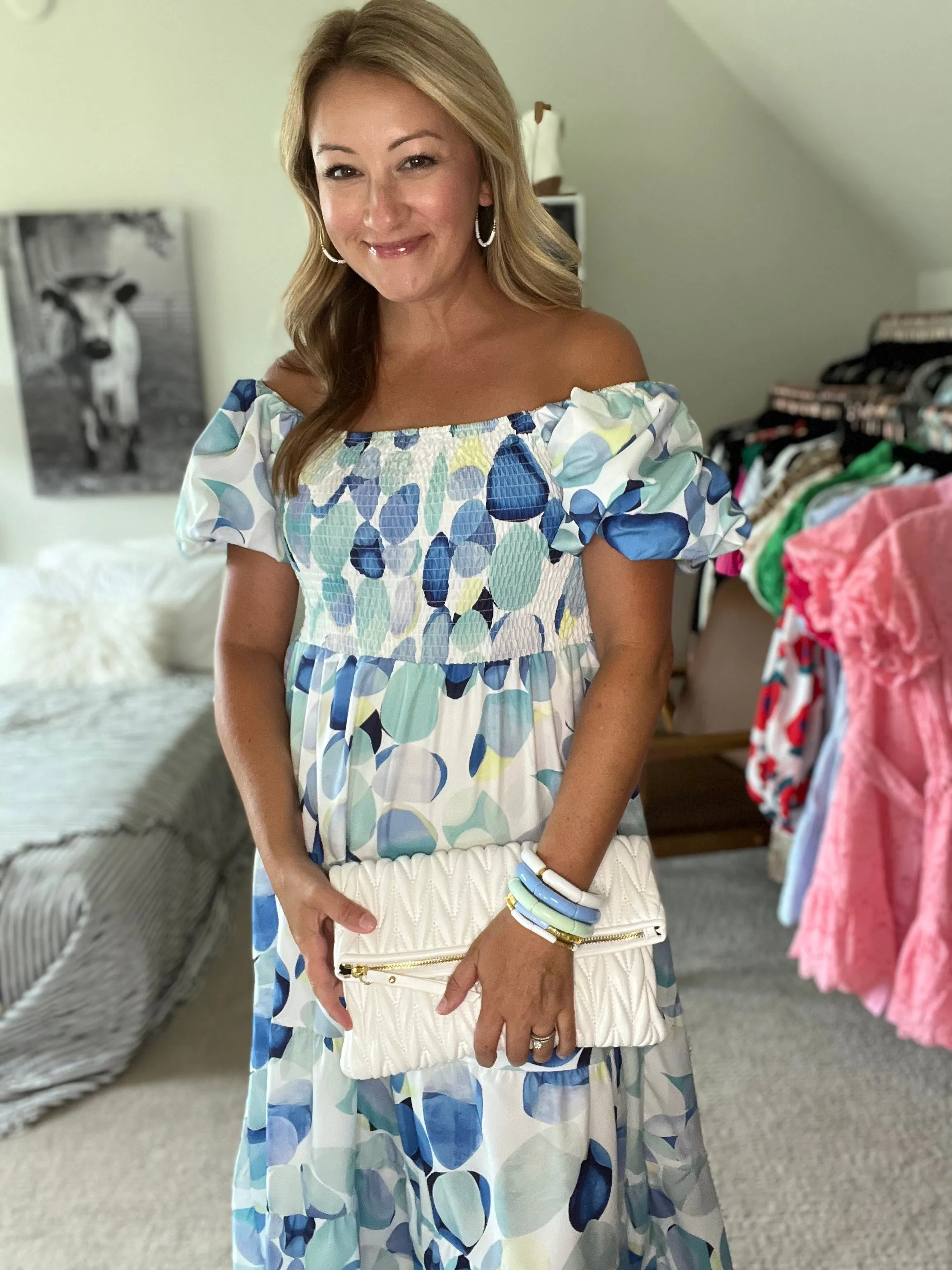 Bubble-Sleeve Tiered Maxi Dress