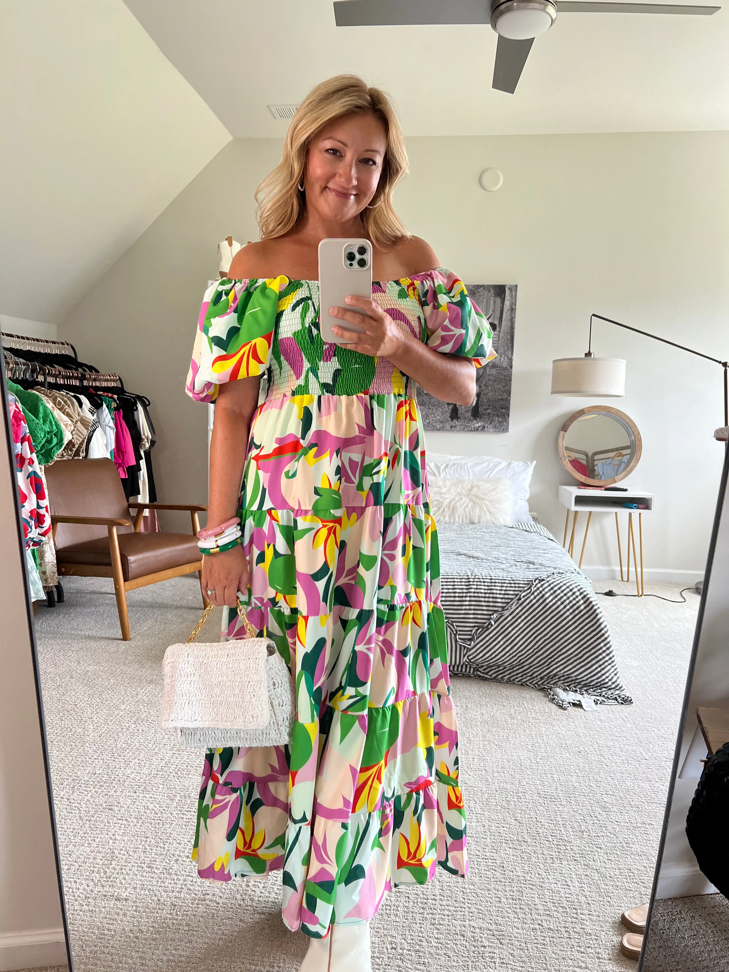 Bubble-Sleeve Tiered Maxi Dress