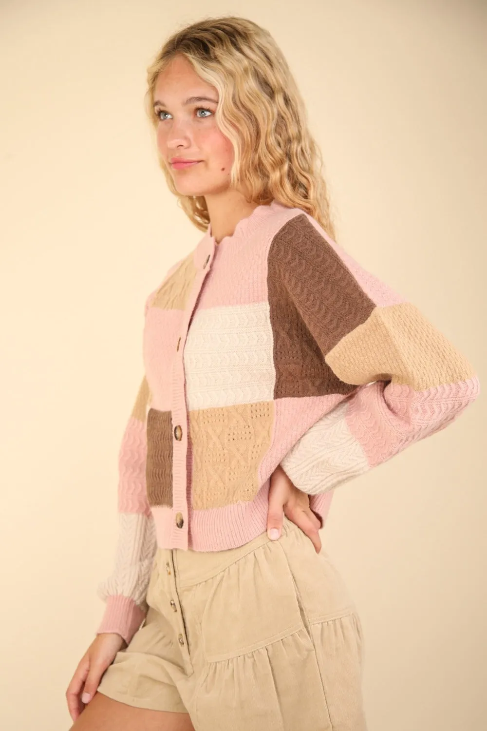Color Block Button Down Textured Sweater Cardigan