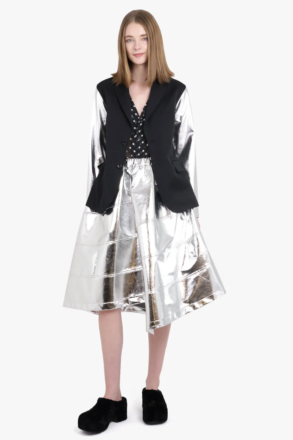 Contrast Suit x PVC Leather Blazer Jacket | Black/Silver