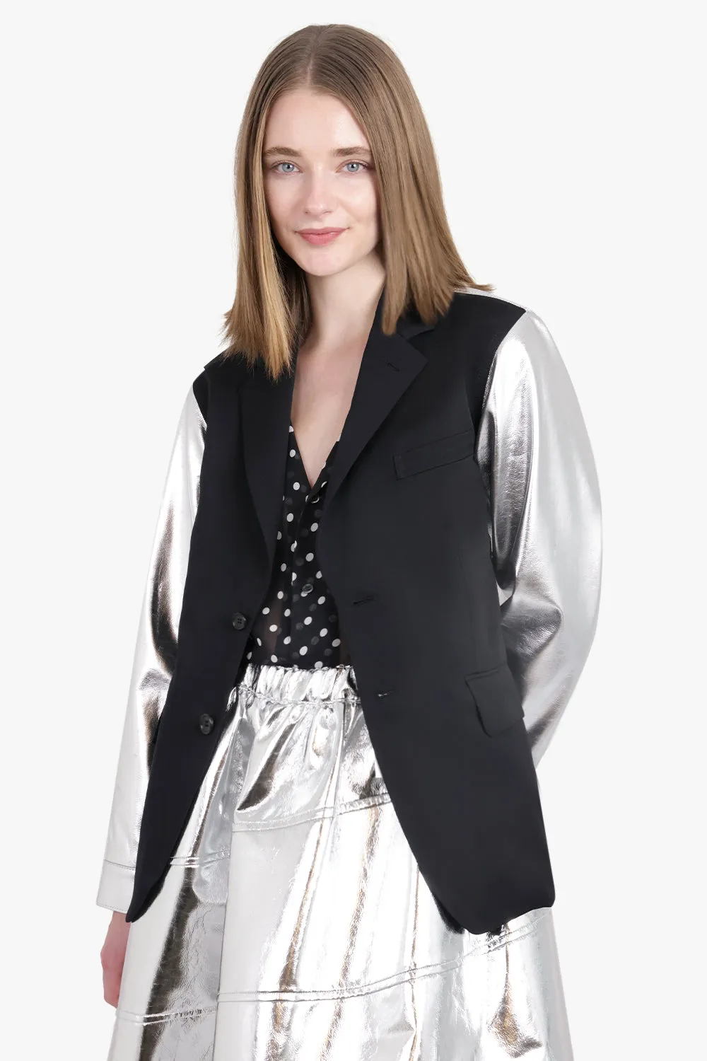 Contrast Suit x PVC Leather Blazer Jacket | Black/Silver