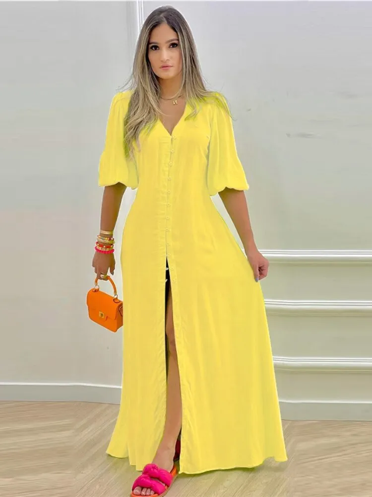 Elegant Party Dresses for Women 2023 Spring Summer New Single-breasted Dress Loose Long Skirt Fashion Casual Women's Dresses