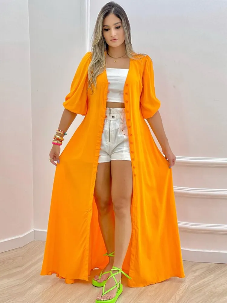 Elegant Party Dresses for Women 2023 Spring Summer New Single-breasted Dress Loose Long Skirt Fashion Casual Women's Dresses