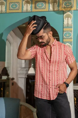 Firangi Yarn Red Tribal Printed Crepe Shirt For Men - Half Sleeves