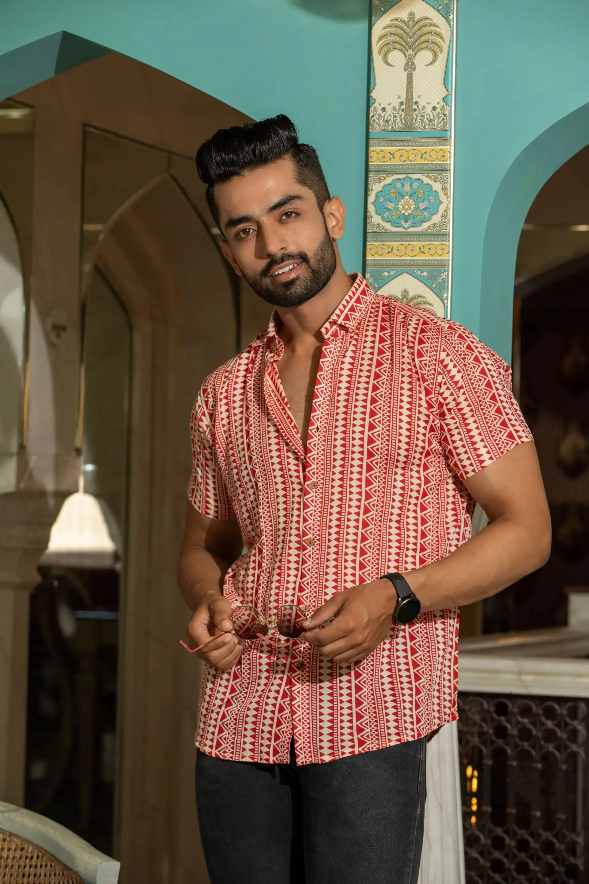 Firangi Yarn Red Tribal Printed Crepe Shirt For Men - Half Sleeves