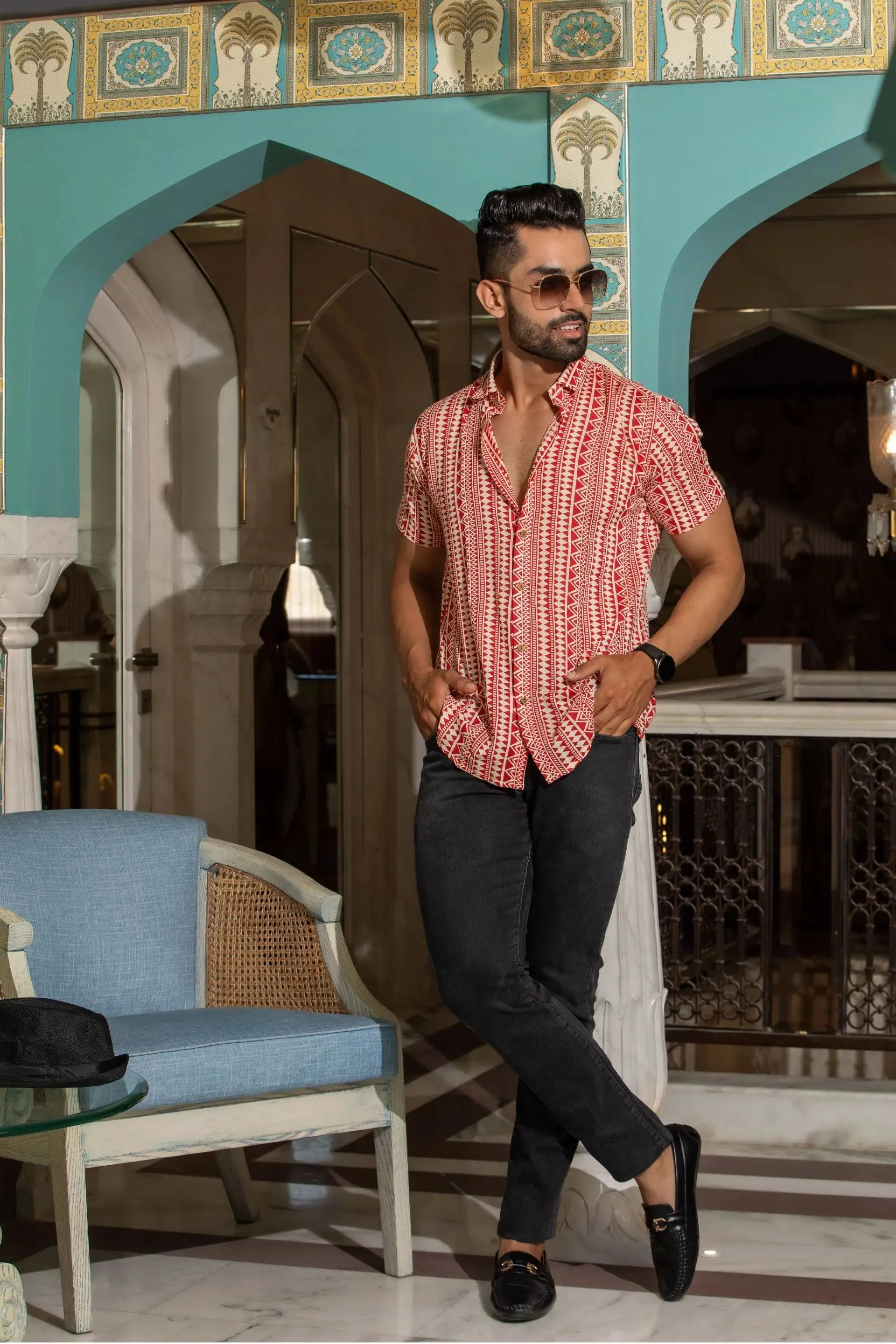 Firangi Yarn Red Tribal Printed Crepe Shirt For Men - Half Sleeves