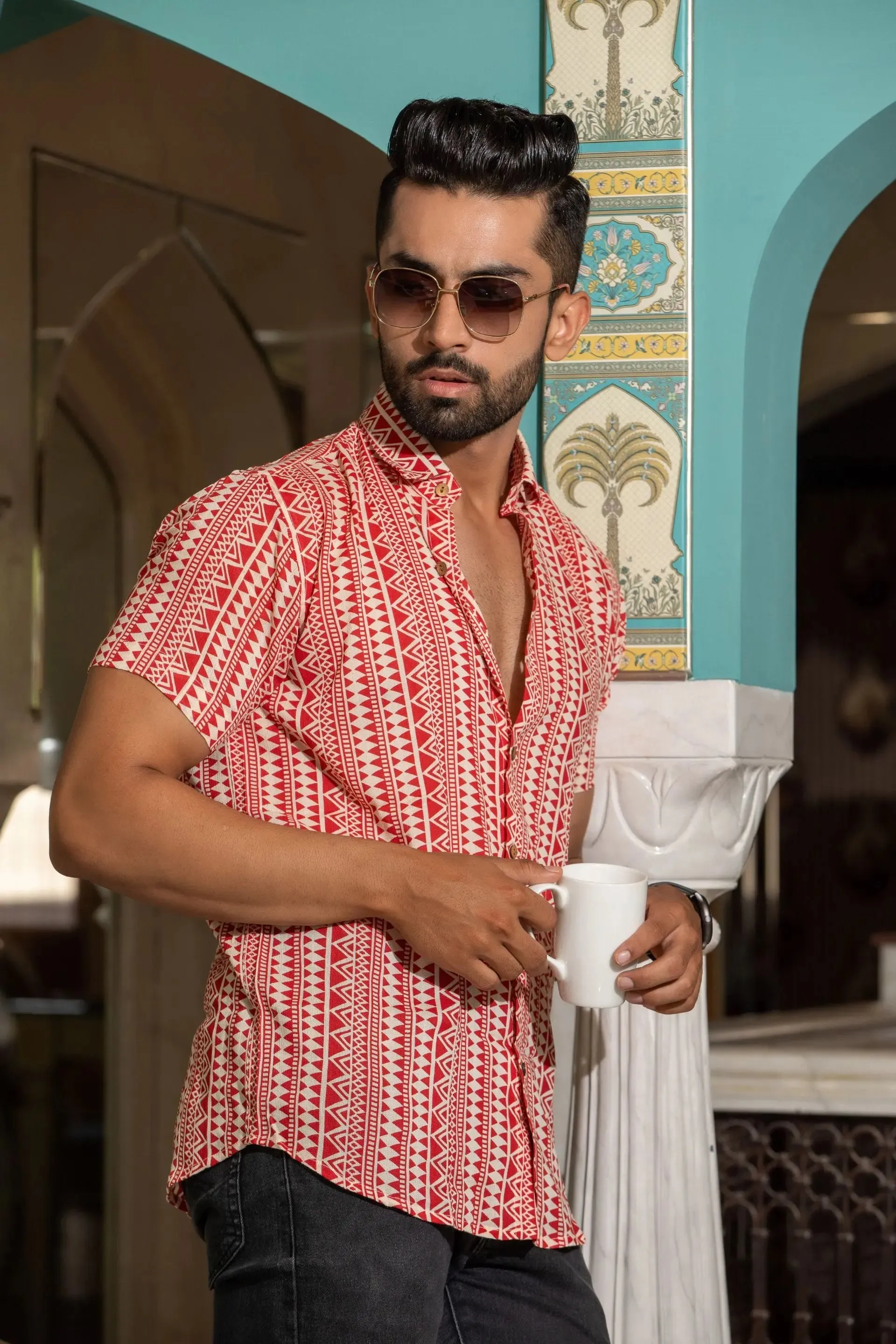 Firangi Yarn Red Tribal Printed Crepe Shirt For Men - Half Sleeves