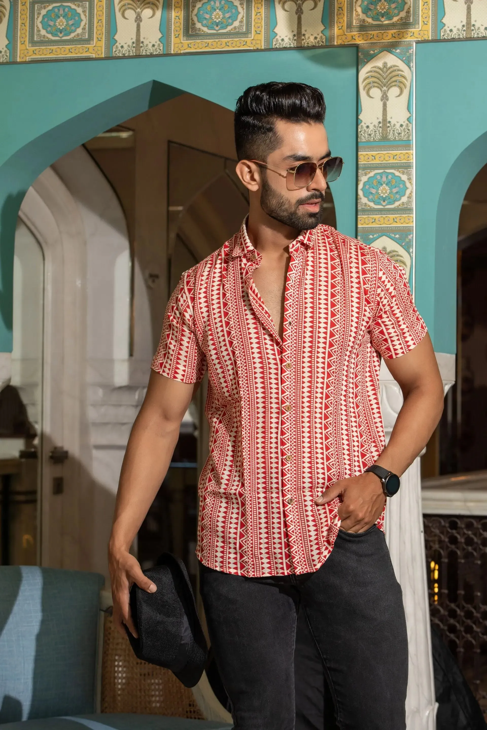 Firangi Yarn Red Tribal Printed Crepe Shirt For Men - Half Sleeves