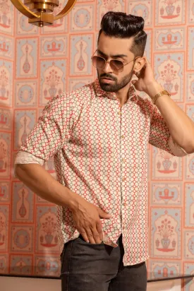 Firangi Yarn White/Red Geometric Printed Flex Cotton Shirt For Men - Full Sl