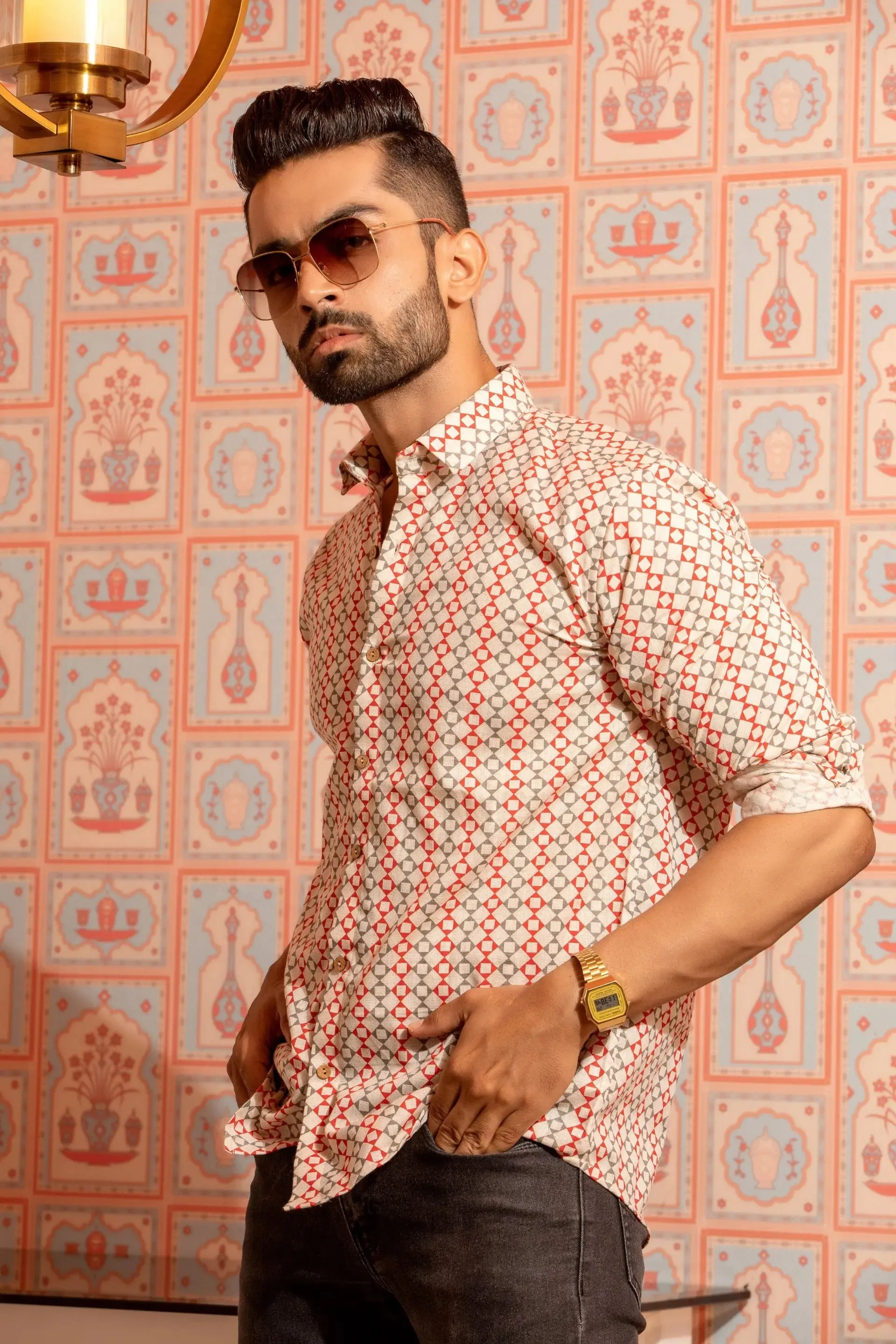 Firangi Yarn White/Red Geometric Printed Flex Cotton Shirt For Men - Full Sl