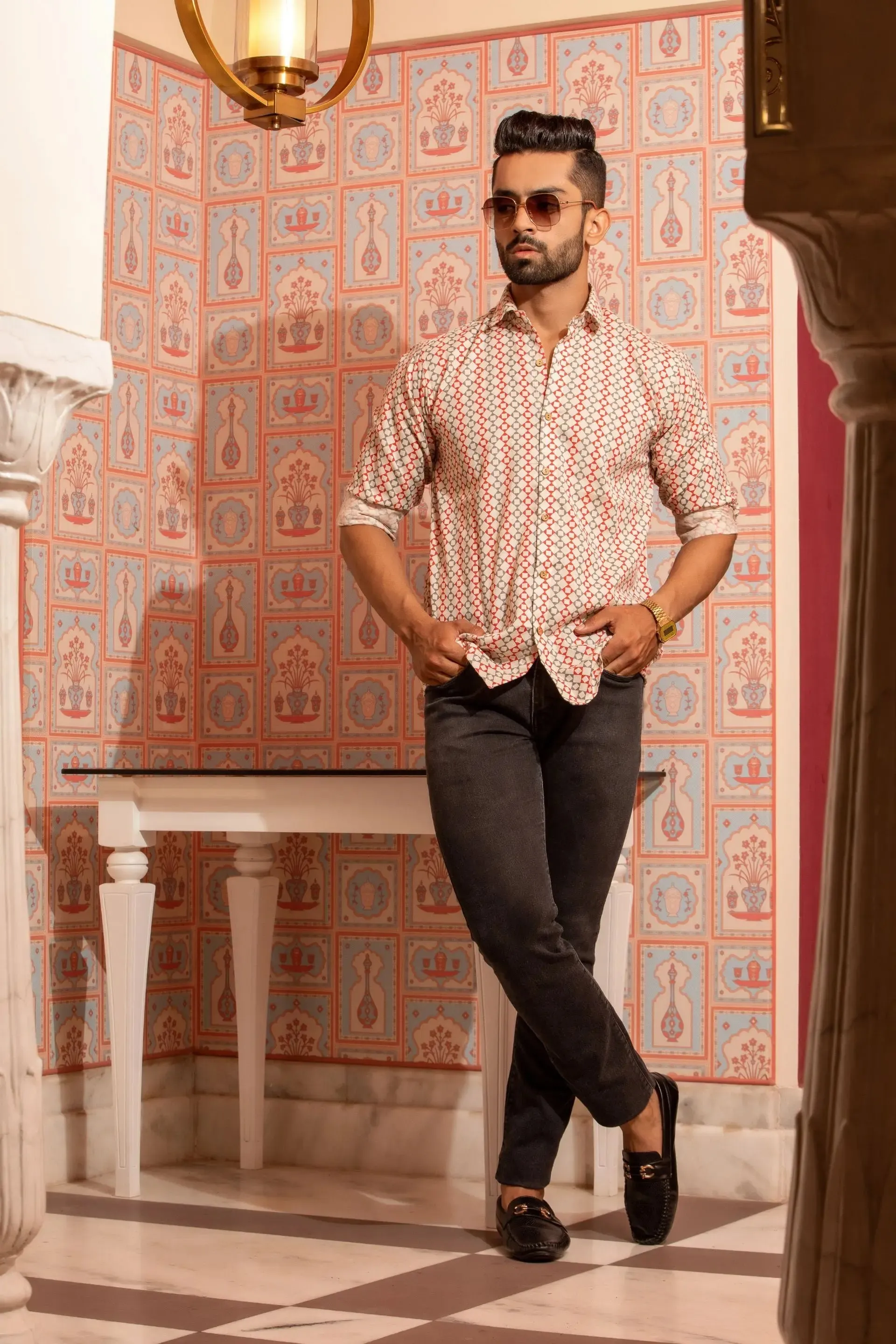 Firangi Yarn White/Red Geometric Printed Flex Cotton Shirt For Men - Full Sl