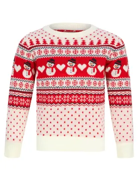 Girl's Snowman Jacquard Nordic Fairisle Novelty Christmas Jumper in Tokyo Red - Merry Christmas Kids (4-12yrs)