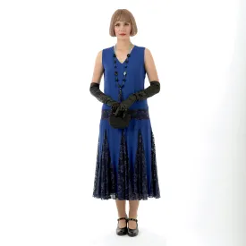 Great Gatsby dress in dark blue chiffon and black tulle skirt godets