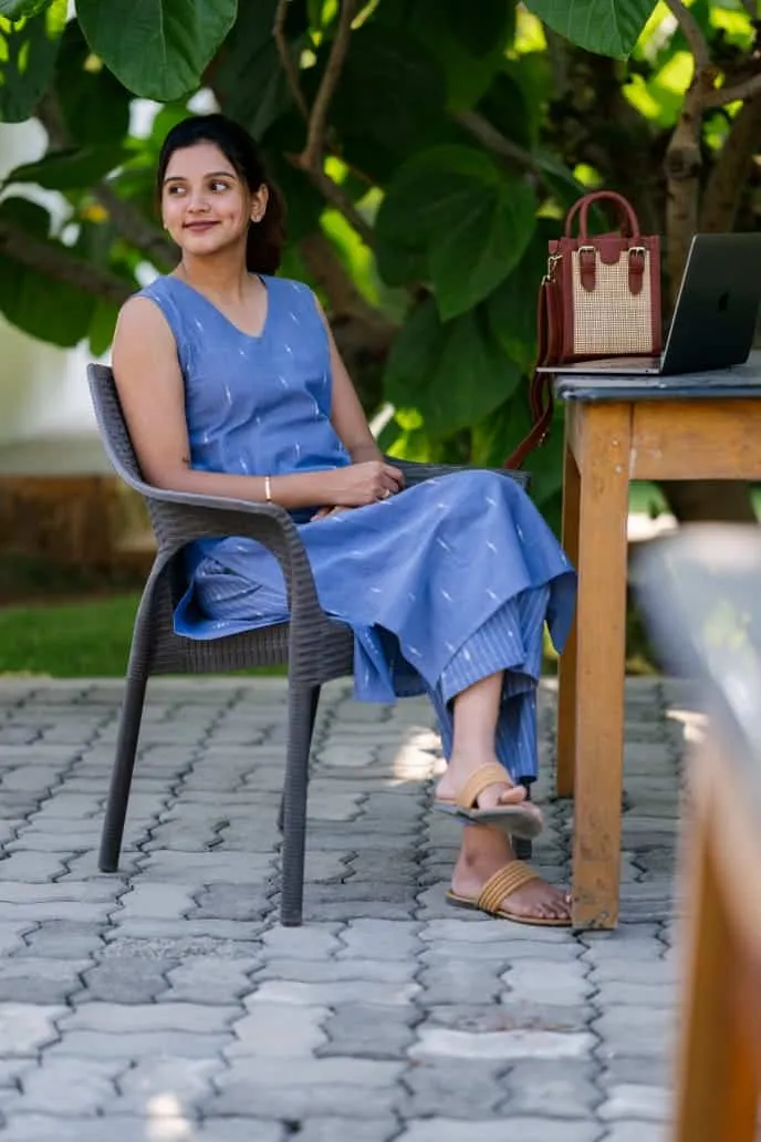 Janhavi (denim blue)- handloom cotton  with hand woven buttas cotton kurta set with flared palazzo pants in denim blue