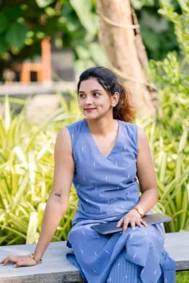 Janhavi (denim blue)- handloom cotton  with hand woven buttas cotton kurta set with flared palazzo pants in denim blue