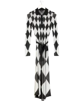 Karen Millen Grey Slinky Knit Mono Jacquard Belted Maxi Dress UK XS