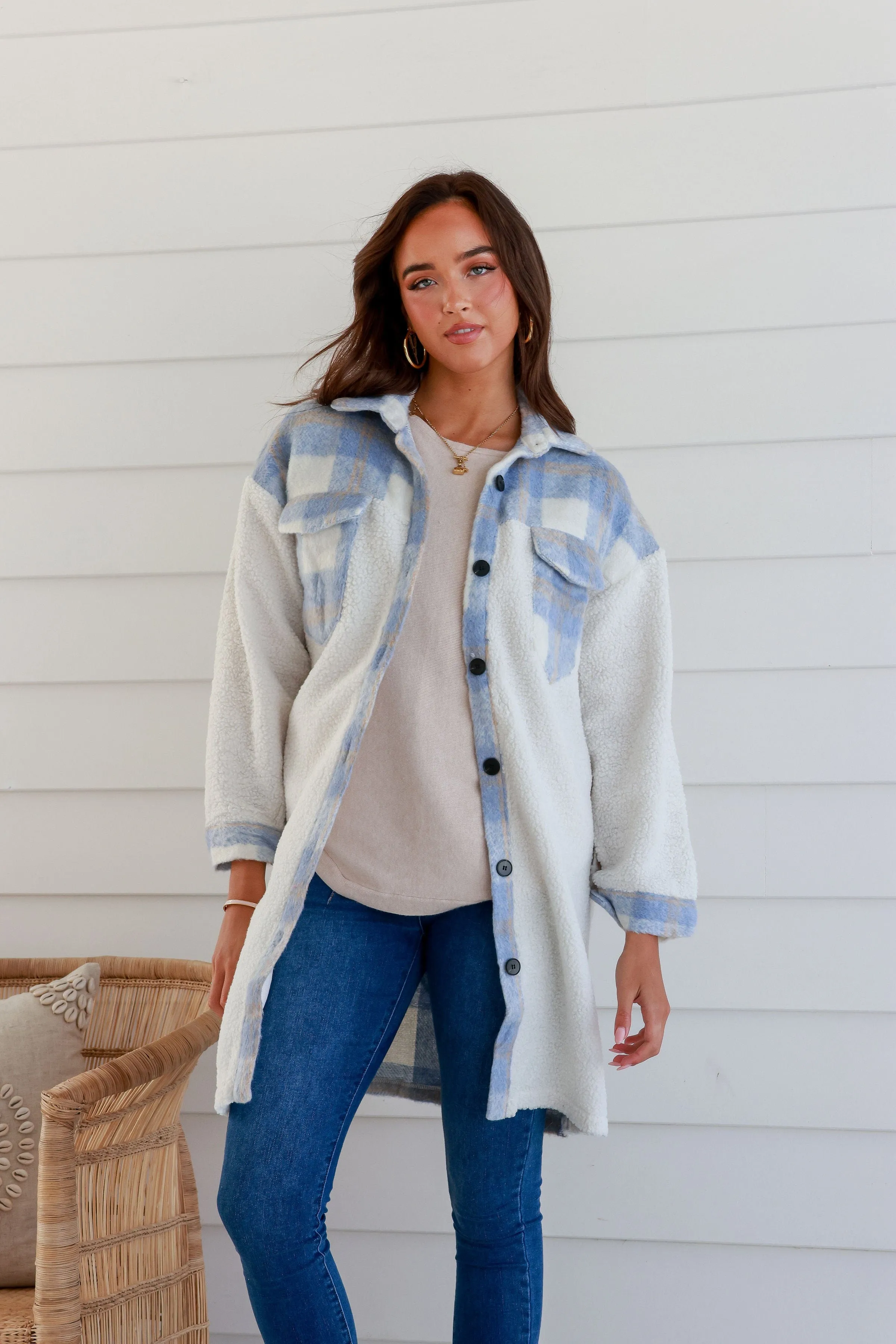 Maple Check Long Shacket - Blue
