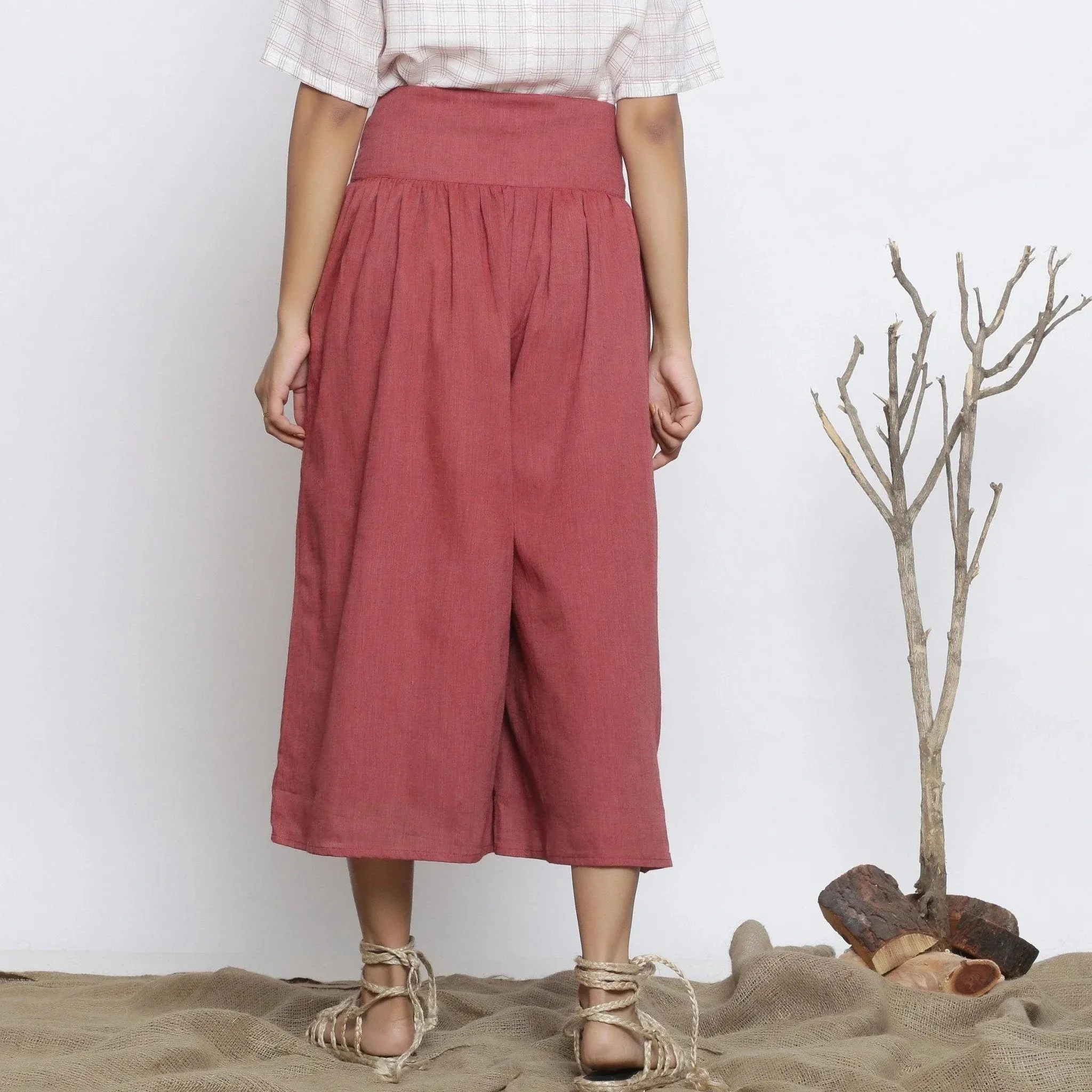 Maroon Handspun Cotton Muslin Flared High-Rise Pant