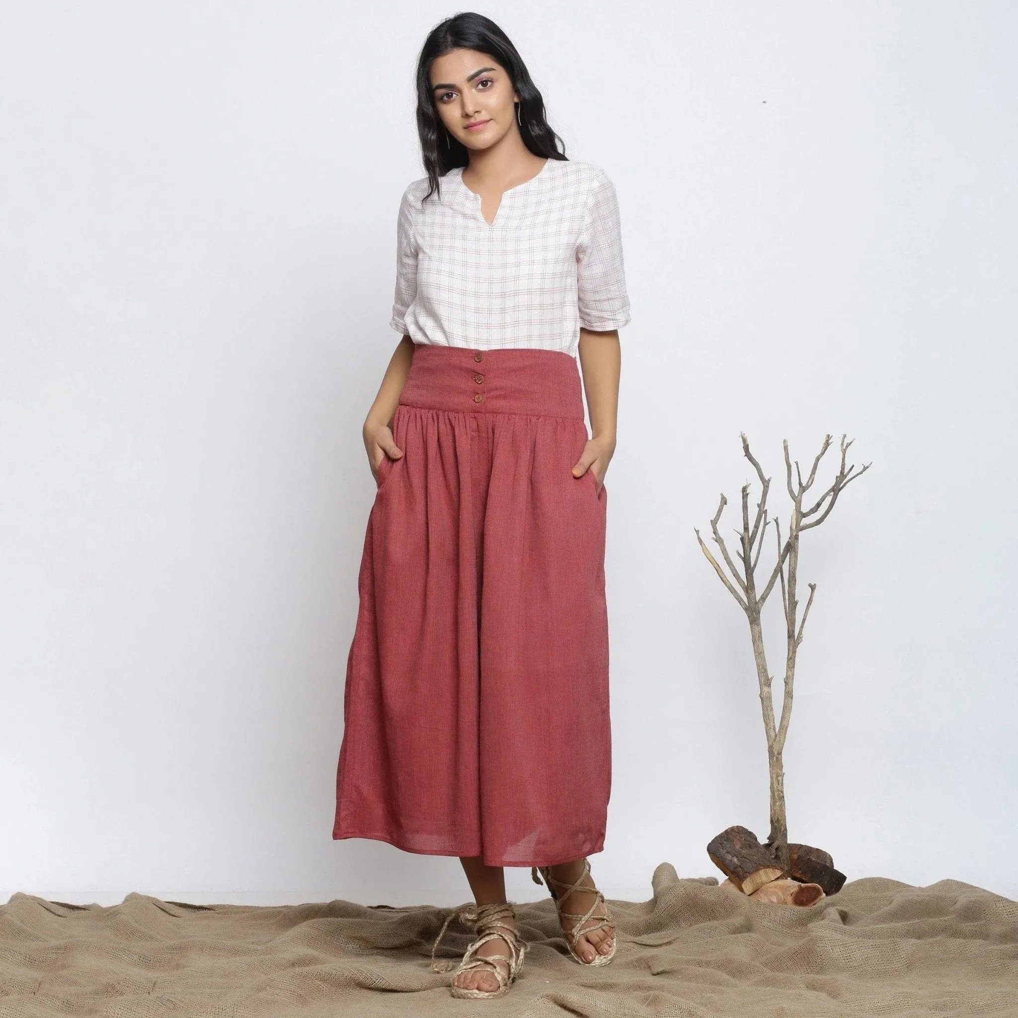 Maroon Handspun Cotton Muslin Flared High-Rise Pant