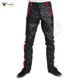 Mens Cowhide Leather Pants Cropped Biker Pants Red Stripe Leather Pants Clubwear Chino Trousers