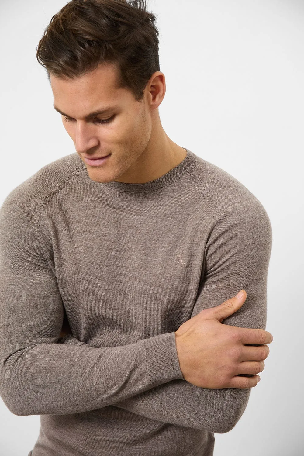 Merino Wool Crew Neck Jumper in Oatmeal Marl