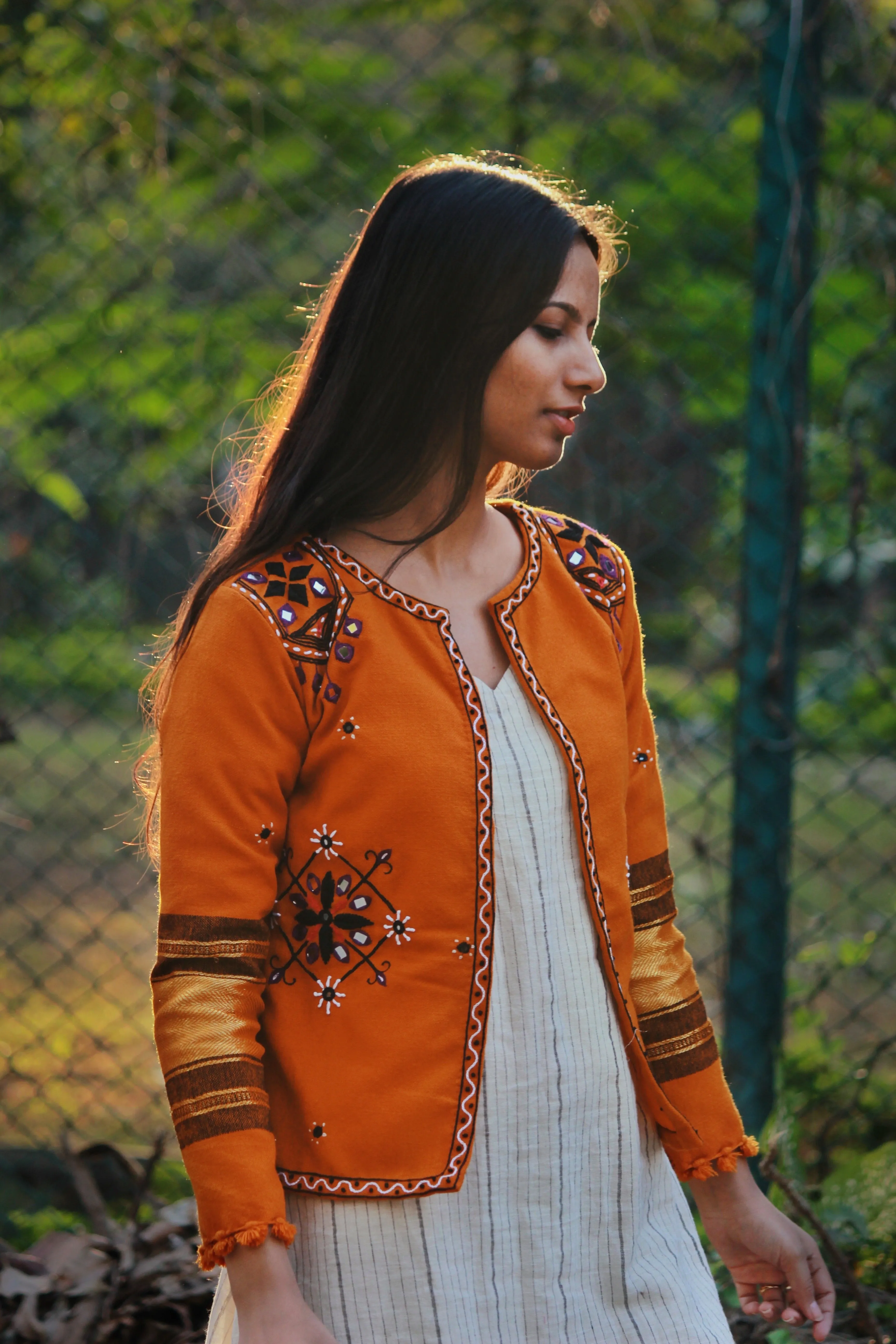 Mustard Handwoven & Hand Embroidered Mirror Work Cropped Jacket in Wool