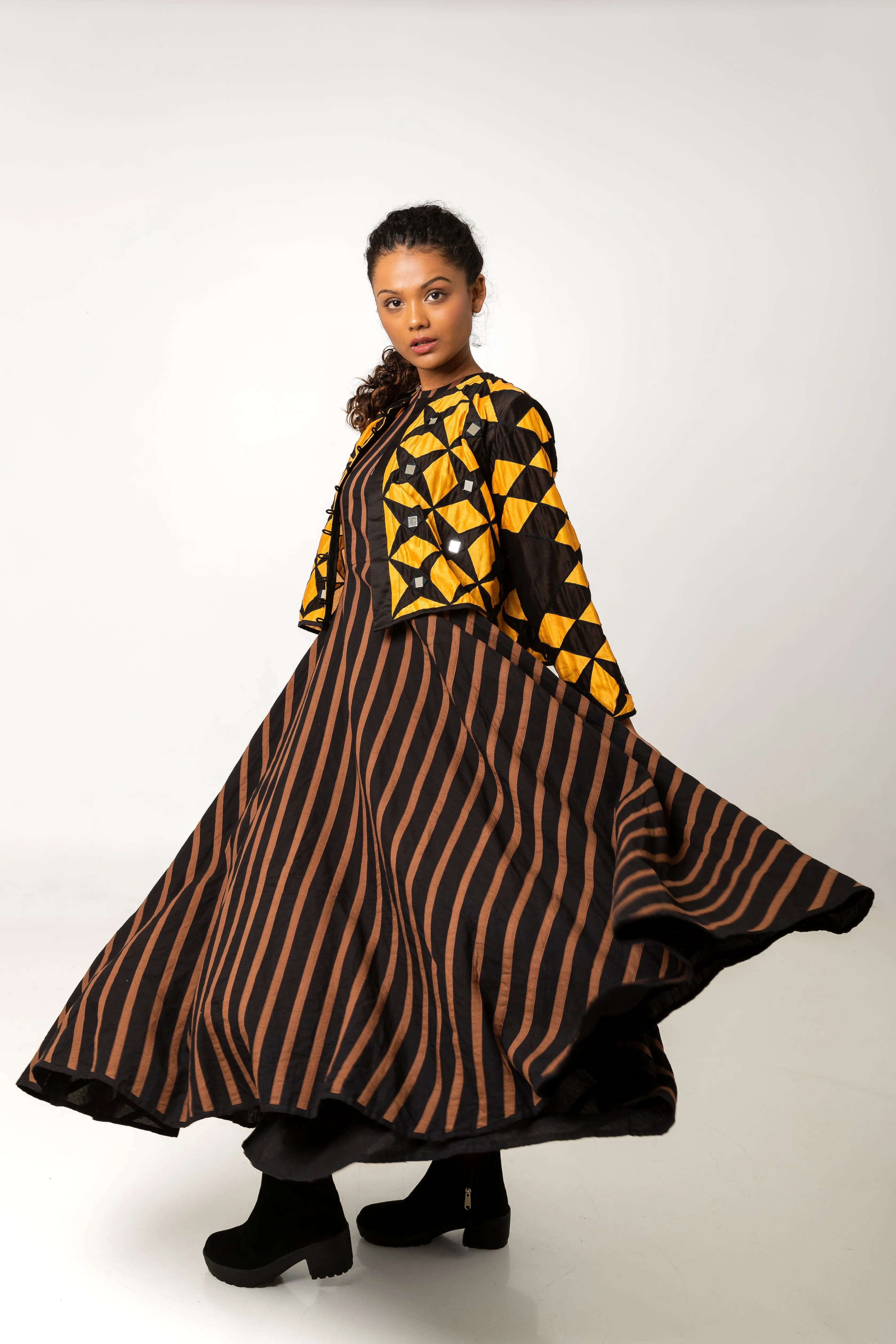 New Season Summer/Fall 2024-Jacket Cropped Embroidered Chanderi Sitara Mustard Black -Ka-Sha - Fashion Edit Aseem