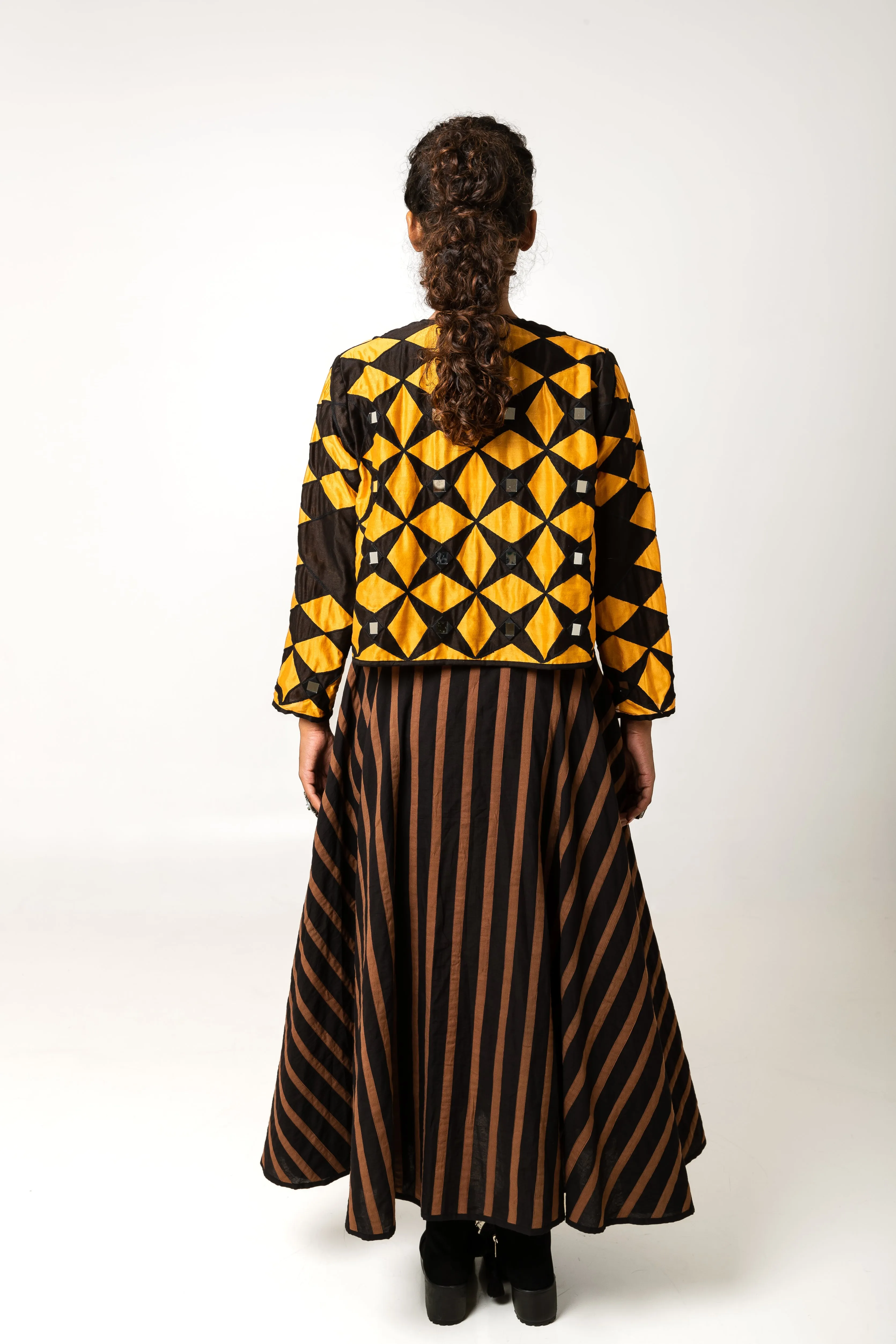 New Season Summer/Fall 2024-Jacket Cropped Embroidered Chanderi Sitara Mustard Black -Ka-Sha - Fashion Edit Aseem