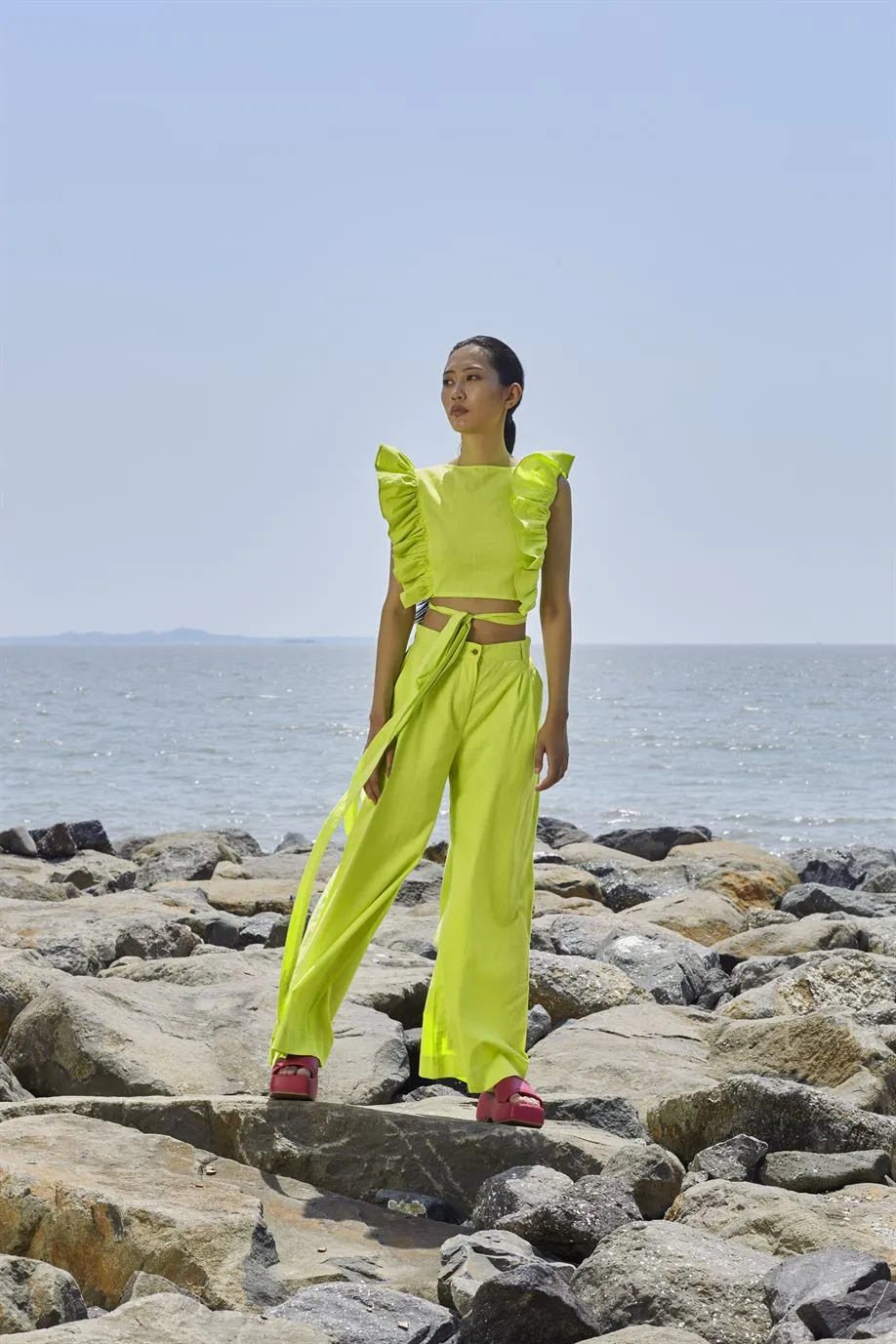 New Season Summer/Fall 24-Coord Set Top Green Overlap Coord Cotton Neon-MT Overlap Coord Set-Neon Green-Fashion Edit Mati