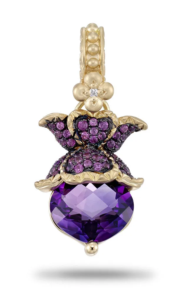 Non-opening bail. 50% non-refundable deposit.Special order.Lotus Charm – Diamond, Pink Sapphire & Amethyst