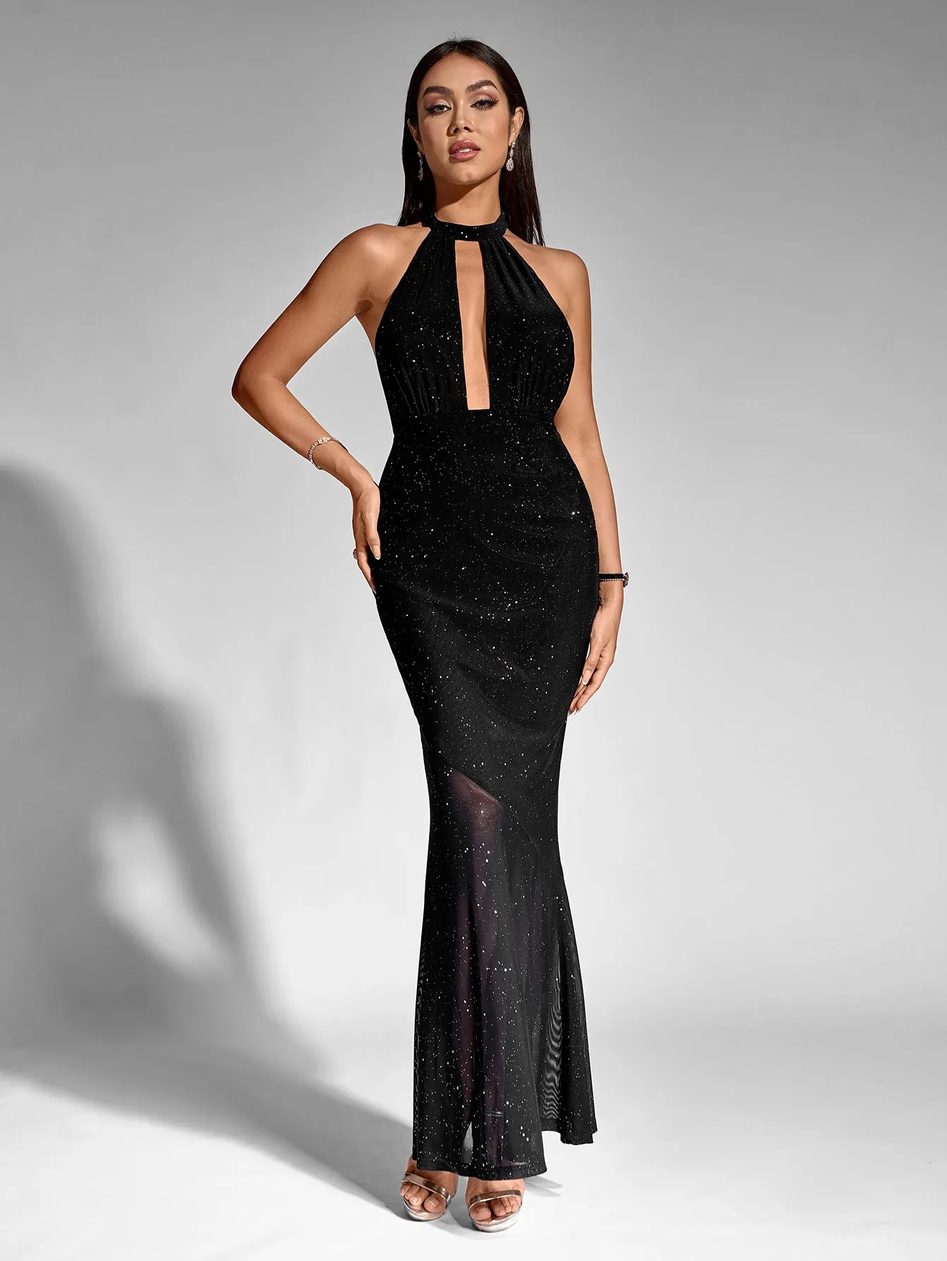 O-Neck Cut Out Mesh Sequin Mermaid Dress