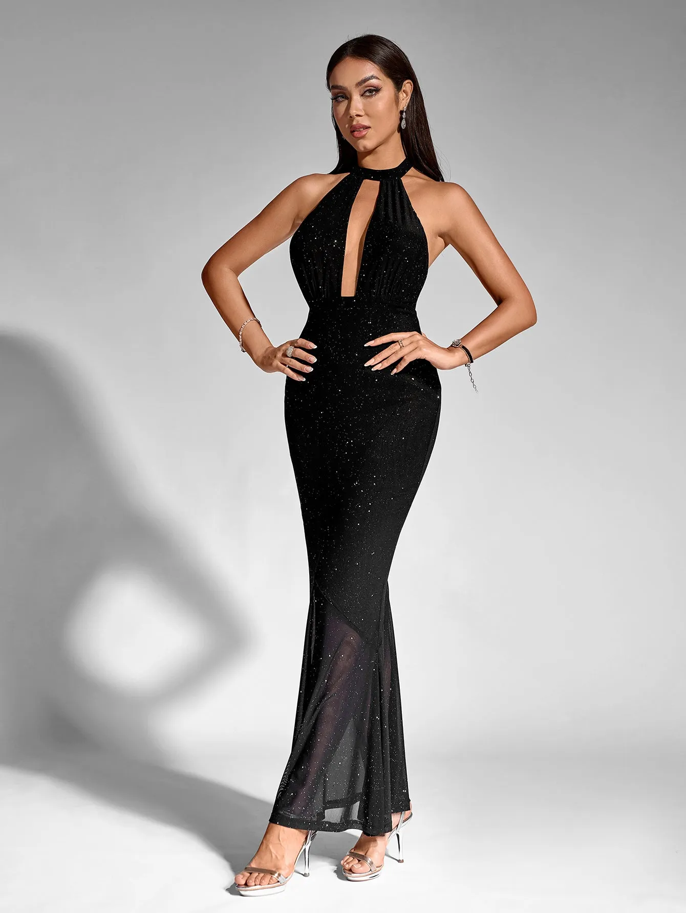 O-Neck Cut Out Mesh Sequin Mermaid Dress