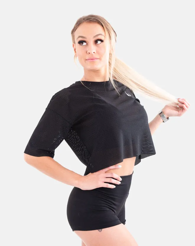 Oversized Mesh Crop Tee - Black