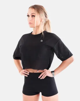 Oversized Mesh Crop Tee - Black