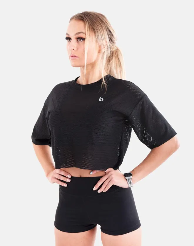 Oversized Mesh Crop Tee - Black