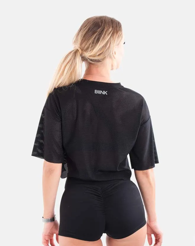 Oversized Mesh Crop Tee - Black